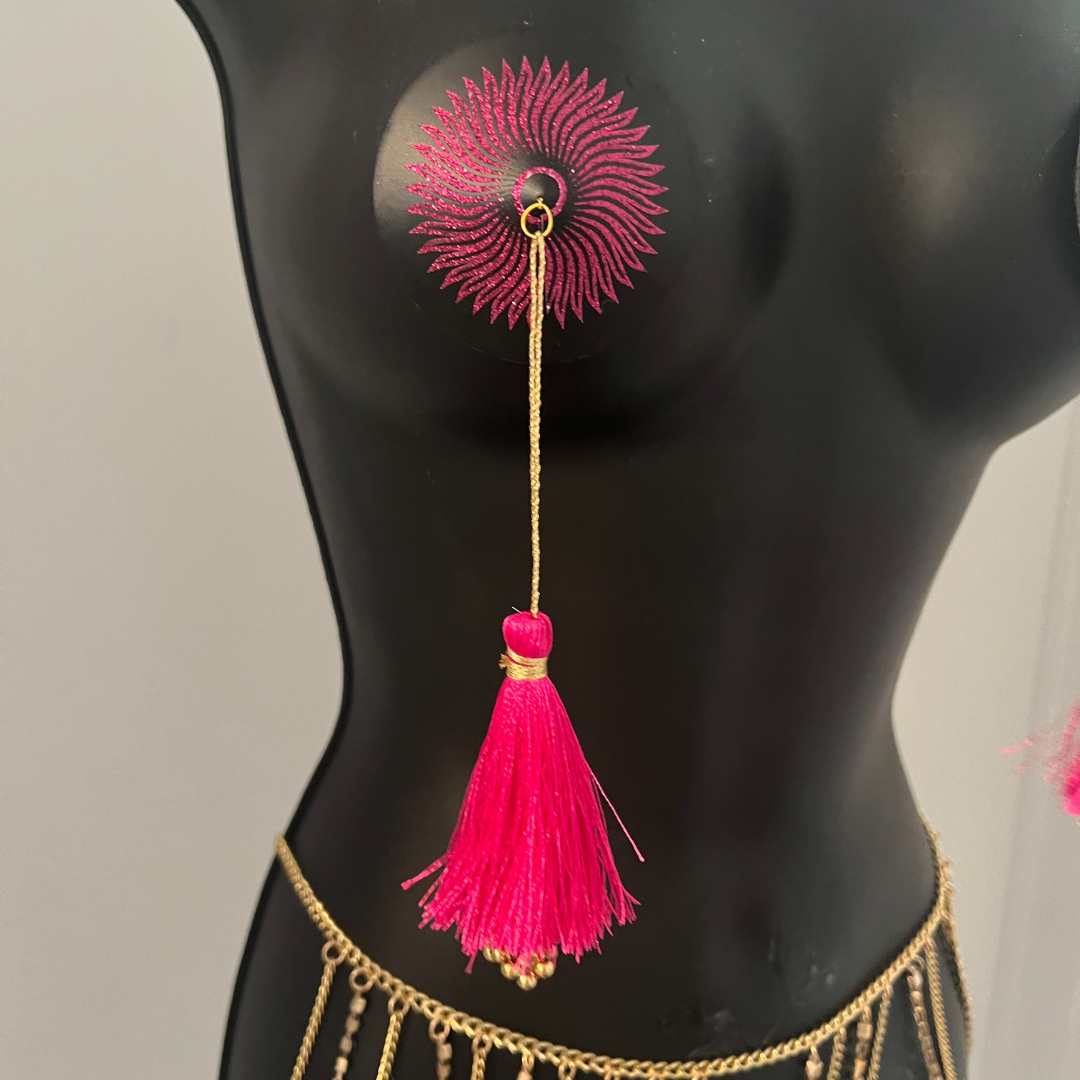 SUN GODDESS (Hot Pink) Glitter and Black Nipple Pasty, Cover (2pcs) with Gold Beaded Tassel Burlesque Lingerie Raves and Festivals