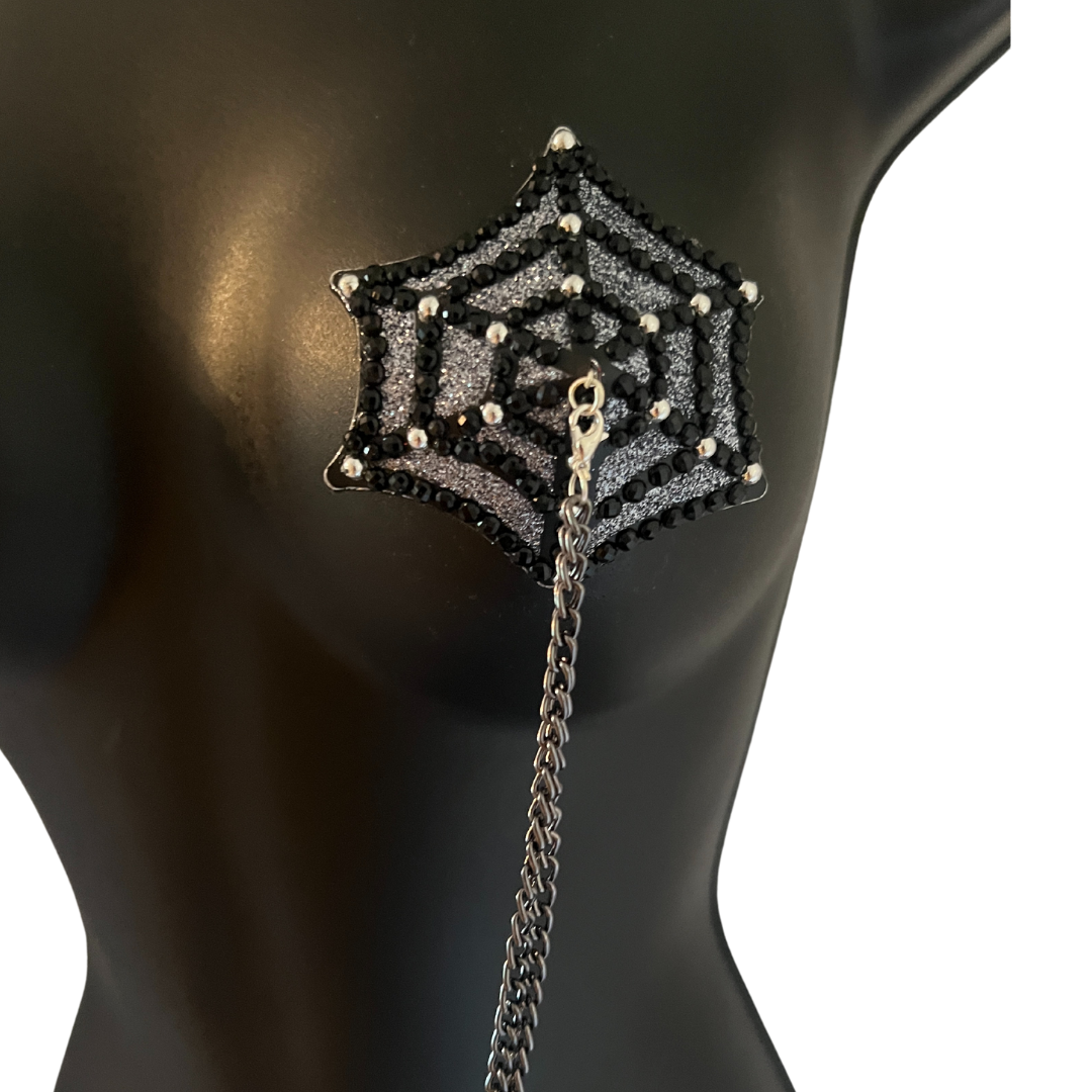 DARK WEB Black & Crystal Web Nipple Pasty, Nipple Cover (2pcs) with Removable double loop Black Chain