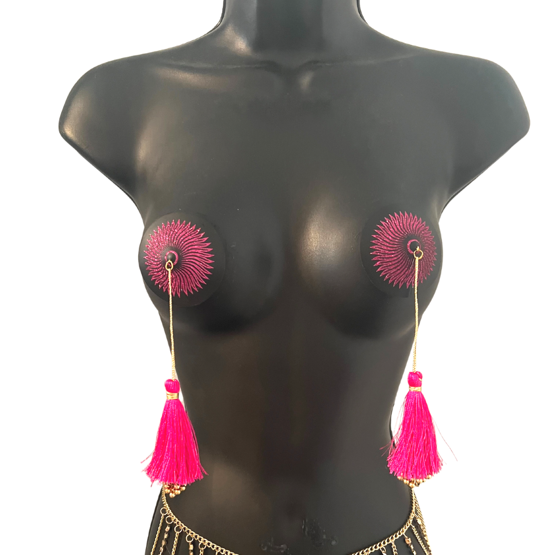 SUN GODDESS Glitter et Black Nipple Pasty, Cover (2pcs) avec pompon perlé doré Burlesque Lingerie Raves et Festivals