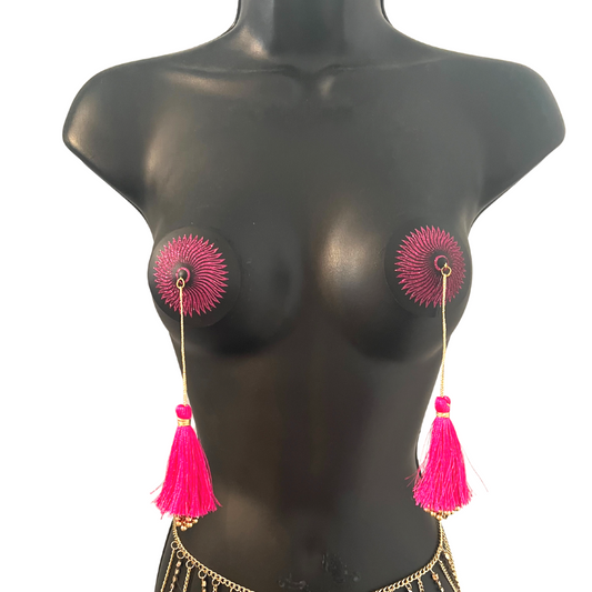 SUN GODDESS (Hot Pink) Glitter and Black Nipple Pasty, Cover (2pcs) with Gold Beaded Tassel Burlesque Lingerie Raves and Festivals
