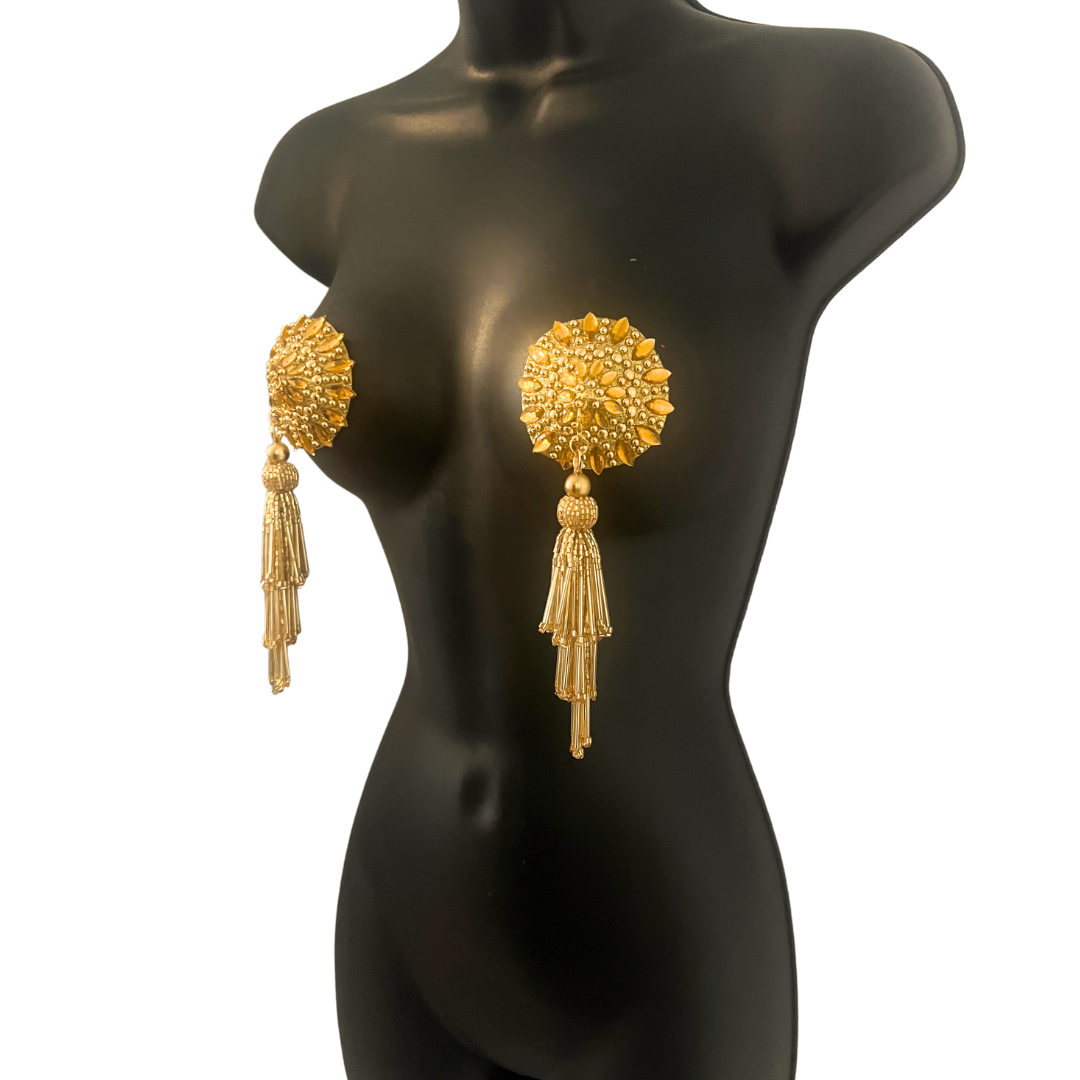 MIDAS MINX Gold Nipple Pasties Covers (2pcs) with Removable Chandalier Hand Beased Tassels