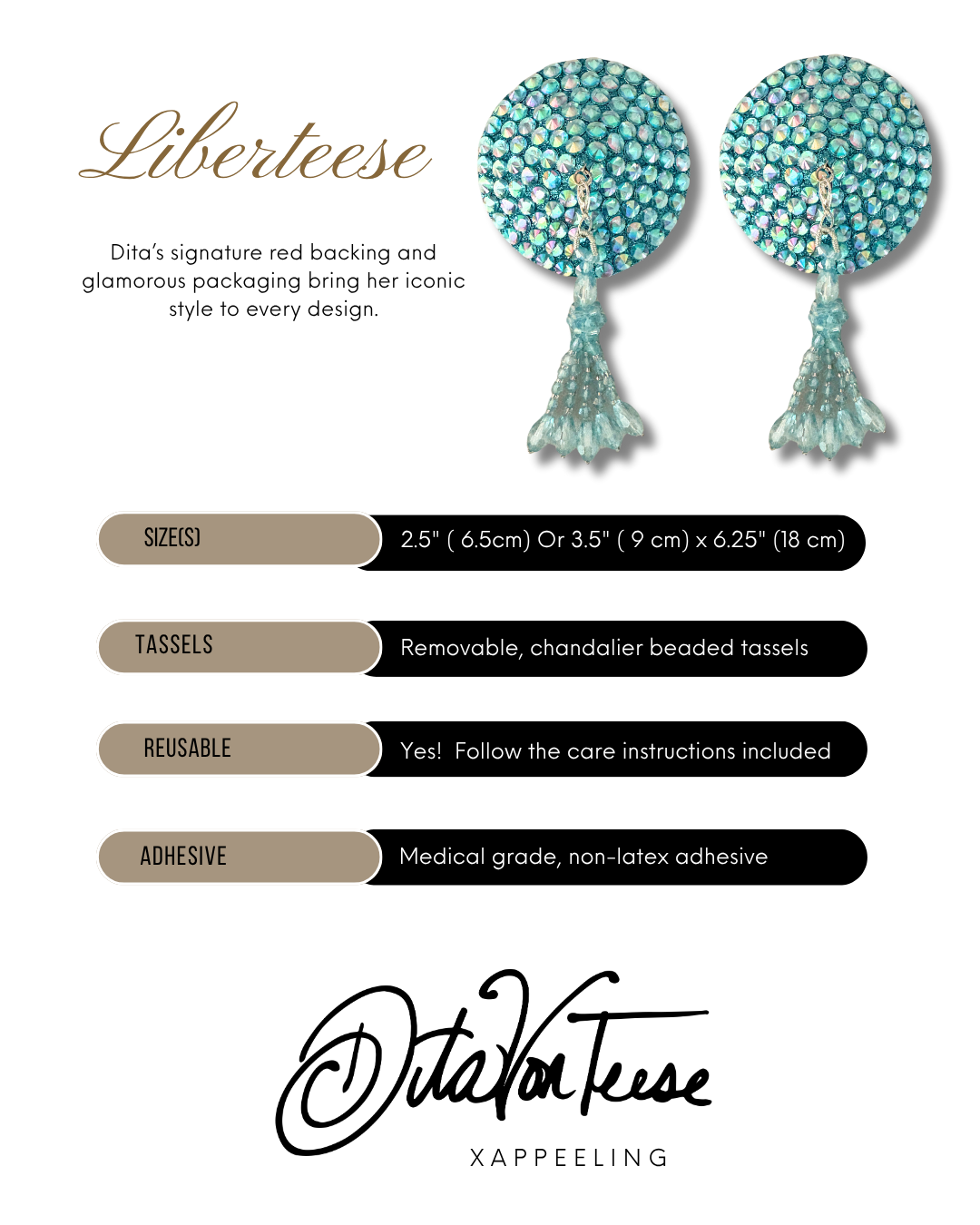 DITA VON TEESE Liberteese Aquamarine Shimmering Crystal Pasties with Removable Tassels (2pcs)