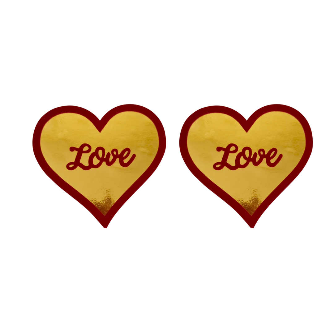 PAQUETE DE BOMBAS DE AMOR (2 pares, 4 piezas) - Corazón de lámina roja y dorada y pasta de pezón de gema roja, cubierta, borlas para lencería burlesca Raves Carnival - OFERTA