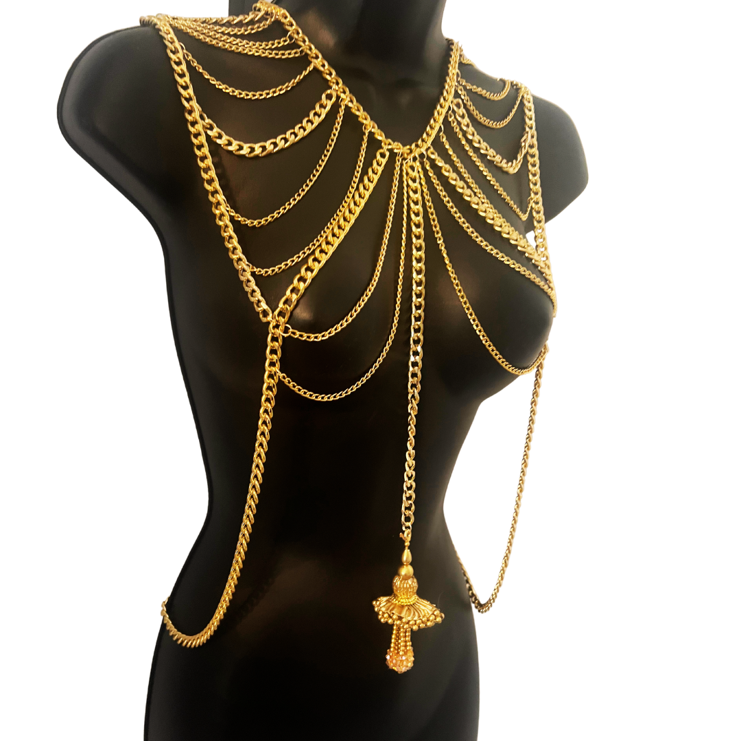 DIVA DIVINE Handmade Gold Chain Beaded body chain with Beaded Tassel