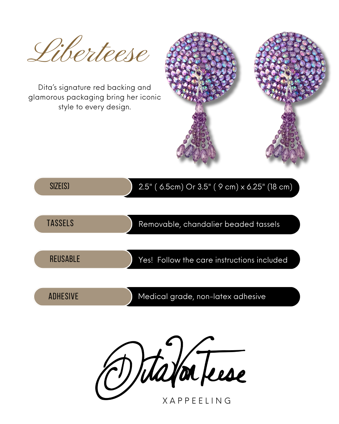 DITA VON TEESE Liberteese Lavender Shimmering Crystal Pasties with Removable Tassels (2pcs)