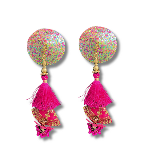 GLITTERATI (Limited Edition) Multi-Colour Glitter Circle Pasties, Pasty (2pcs) with Gorgeous Multi Layered Tassels