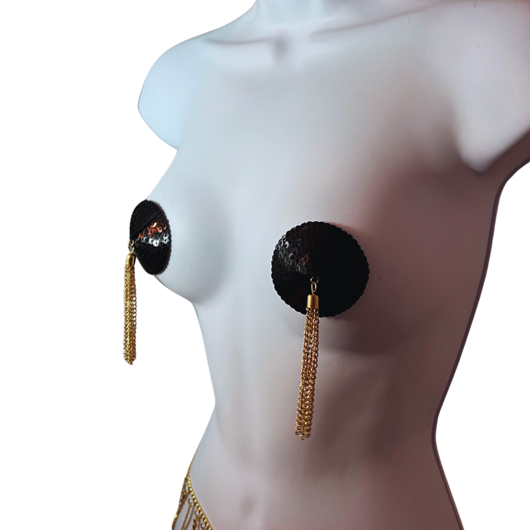 MIDNIGHT MIRAGE Black Sequin Nipple Pasty, Nipple Cover (2pcs) with Gold Chain Tassels for Lingerie Carnival Burlesque Rave
