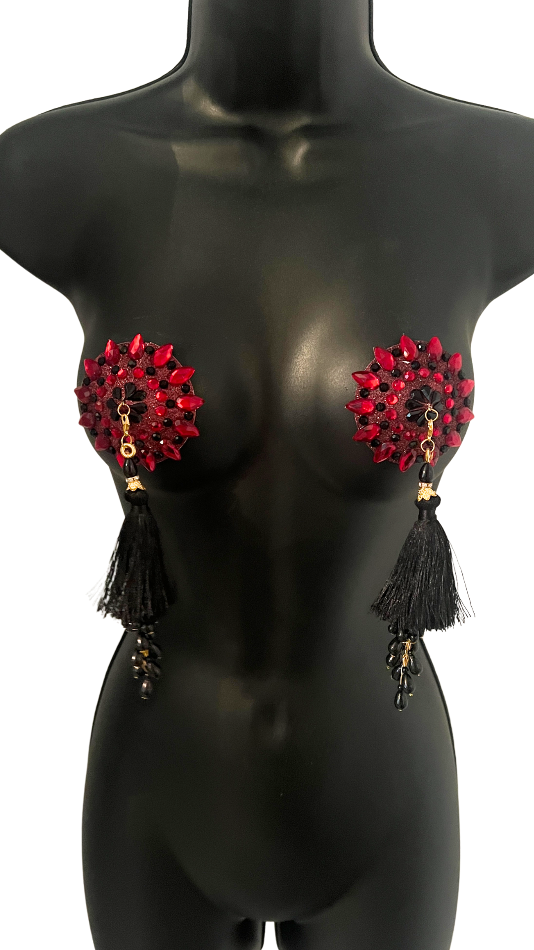 POUSSÉ CAFÉ Cherry Red and Black Crystal Nipple Pasty, Nipple Cover (2pcs) with Beaded Tassels