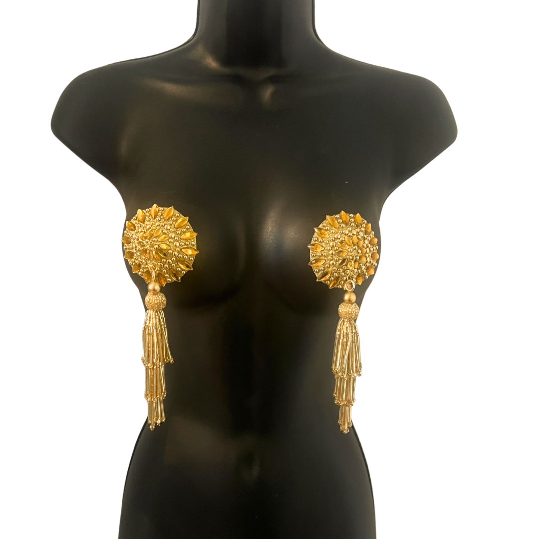 MIDAS MINX Gold Nipple Pasties Covers (2pcs) with Removable Chandalier Hand Beased Tassels