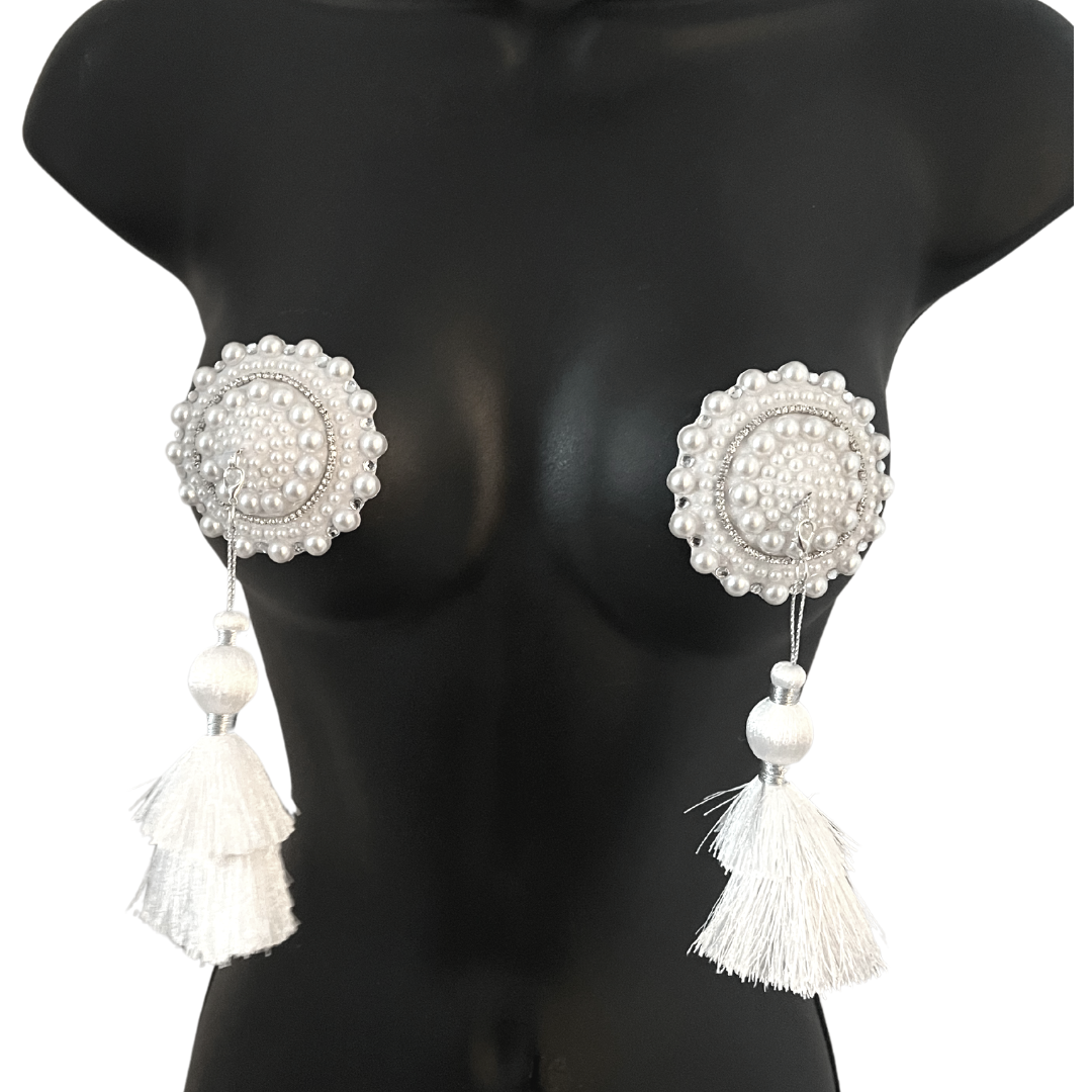 PEARL SHOWGIRL Pâte à tétons en perles et strass, couvre-tétons (2 pièces) avec pompons amovibles pour les festivals de lingerie, carnaval, raves burlesques