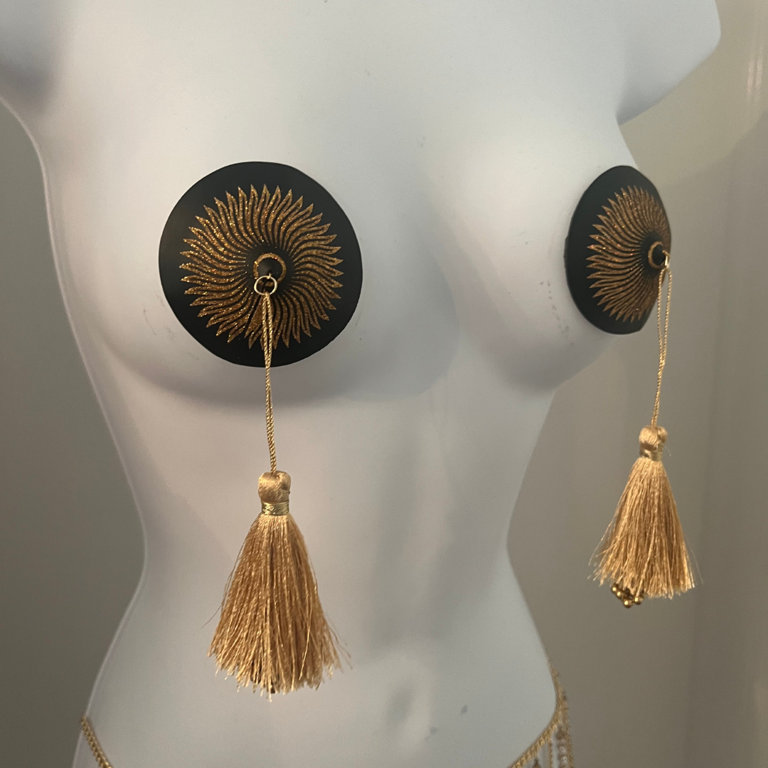 SUN GODDESS Glitter and Black Nipple Pasty, Cover (2pcs) with Gold Beaded Tassel Burlesque Lingerie Raves and Festivals