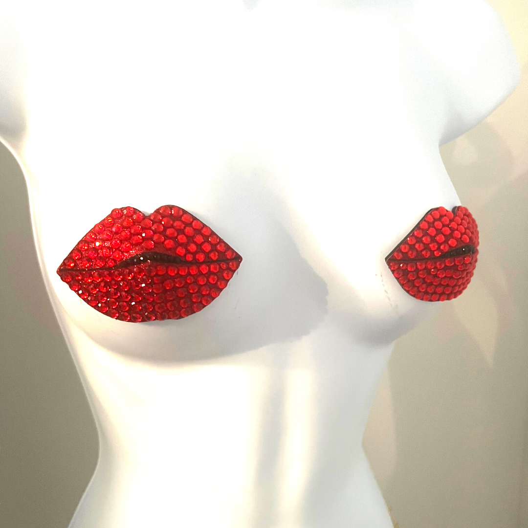 HOT LIPS Red Glitter Lips Pezón Pasties, Cubiertas (2pcs) para Festivales Raves de Lencería Burlesque