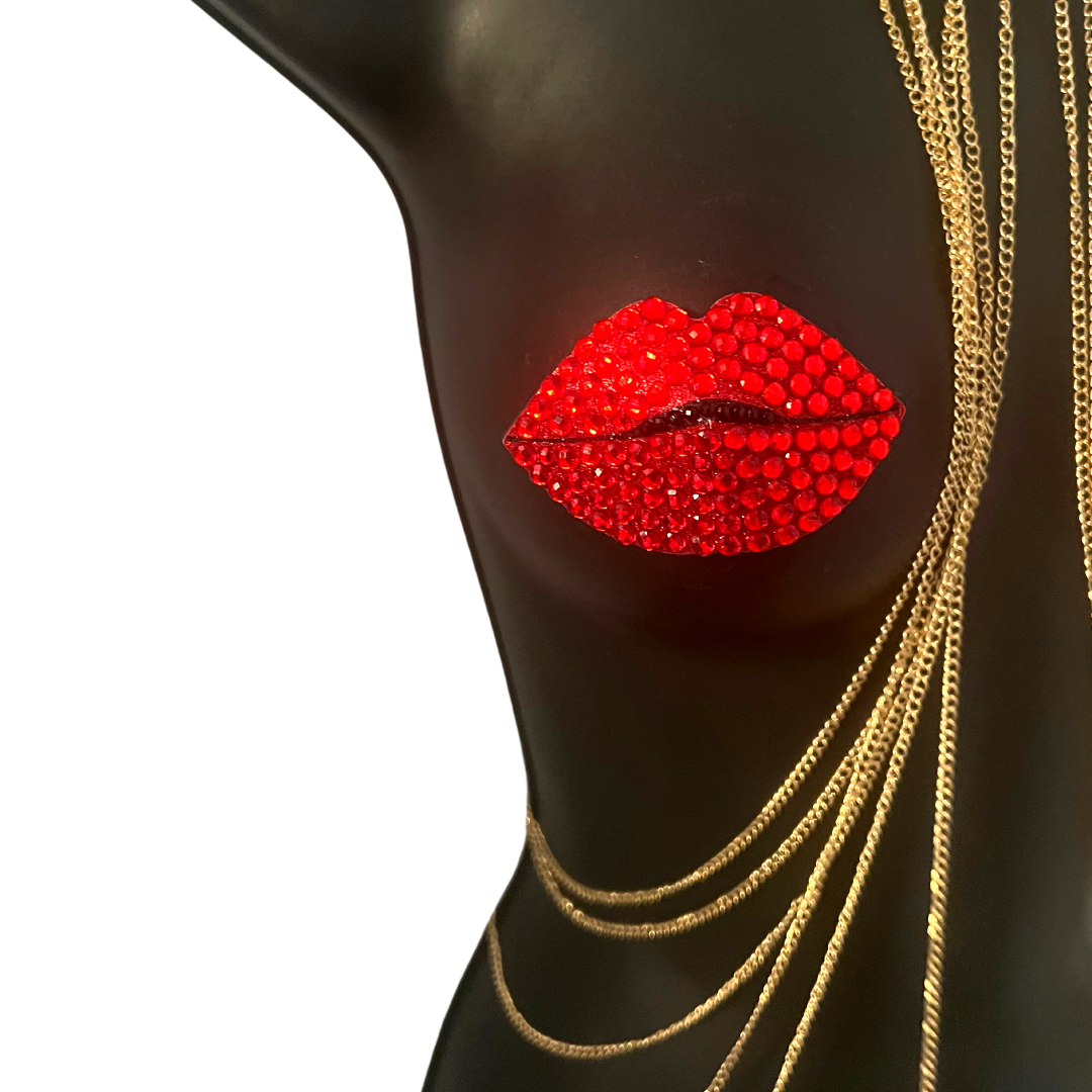 HOT LIPS Red Glitter Lips Nipple Pasties, Covers (2pcs) for Burlesque Lingerie Raves Festivals