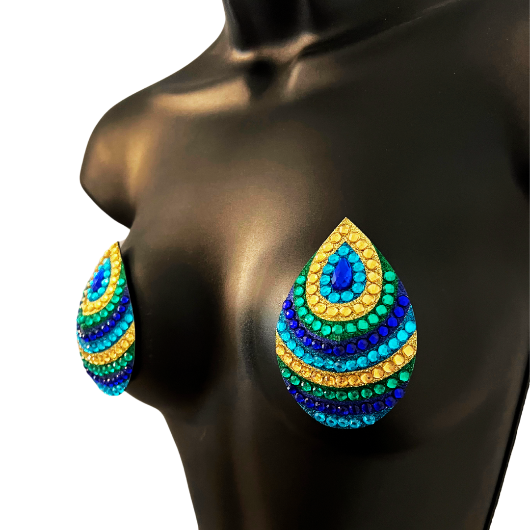 PEACOCK Blue, Aqua & Gold Teardrop Shape Nipple Pasties, Pasty (2pcs) for Burlesque Lingerie Raves Festivals Carnival