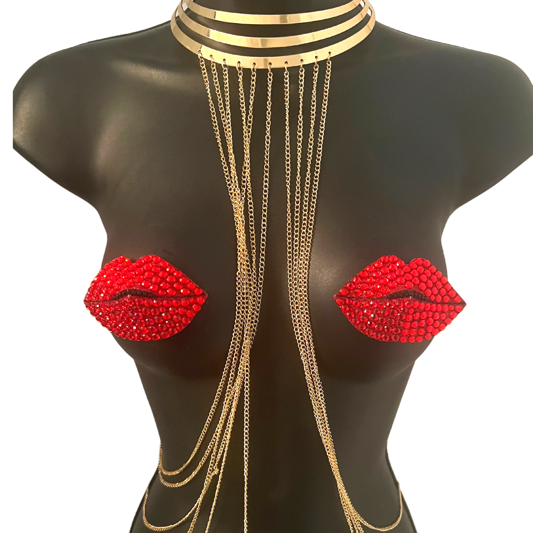 HOT LIPS Red Glitter Lips Nipple Pasties, Covers (2pcs) for Burlesque Lingerie Raves Festivals