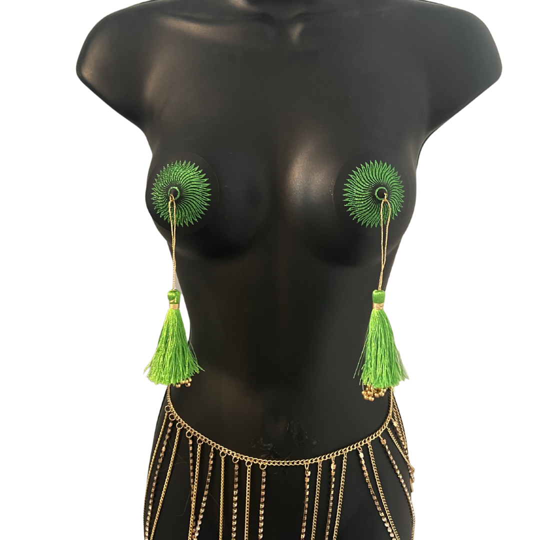 GREEN GODDESS BUNDLE 2 Pairs of Gorgeous Green Nipple Pasties, Covers (4pcs)  for Lingerie Carnival Burlesque Rave