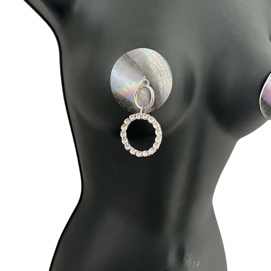 DIRTY MARTINI Silver & Rhinestone Nipple Pasty, Cover (2pcs) with Circle Rhinestone Hoop Tassel for Burlesque Lingerie Raves and Festivals