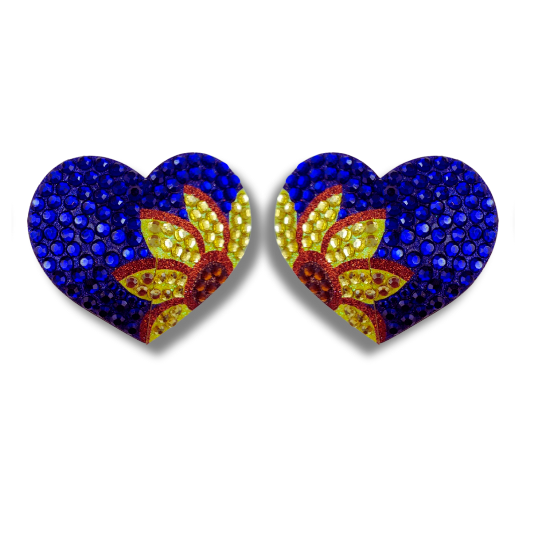 FLORAL FATALE Blue and Yellow Sunflower design on Heart Shape Nipple Pasties, Pasty (2pcs) for Burlesque Lingerie Raves Festivals Carnival