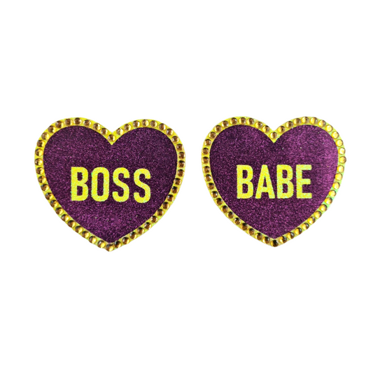 BOSS BABE - Pasties para pezones en forma de corazón con purpurina y cristal, fundas (2 unidades) con títulos para carnaval de lencería Burlesque Raves