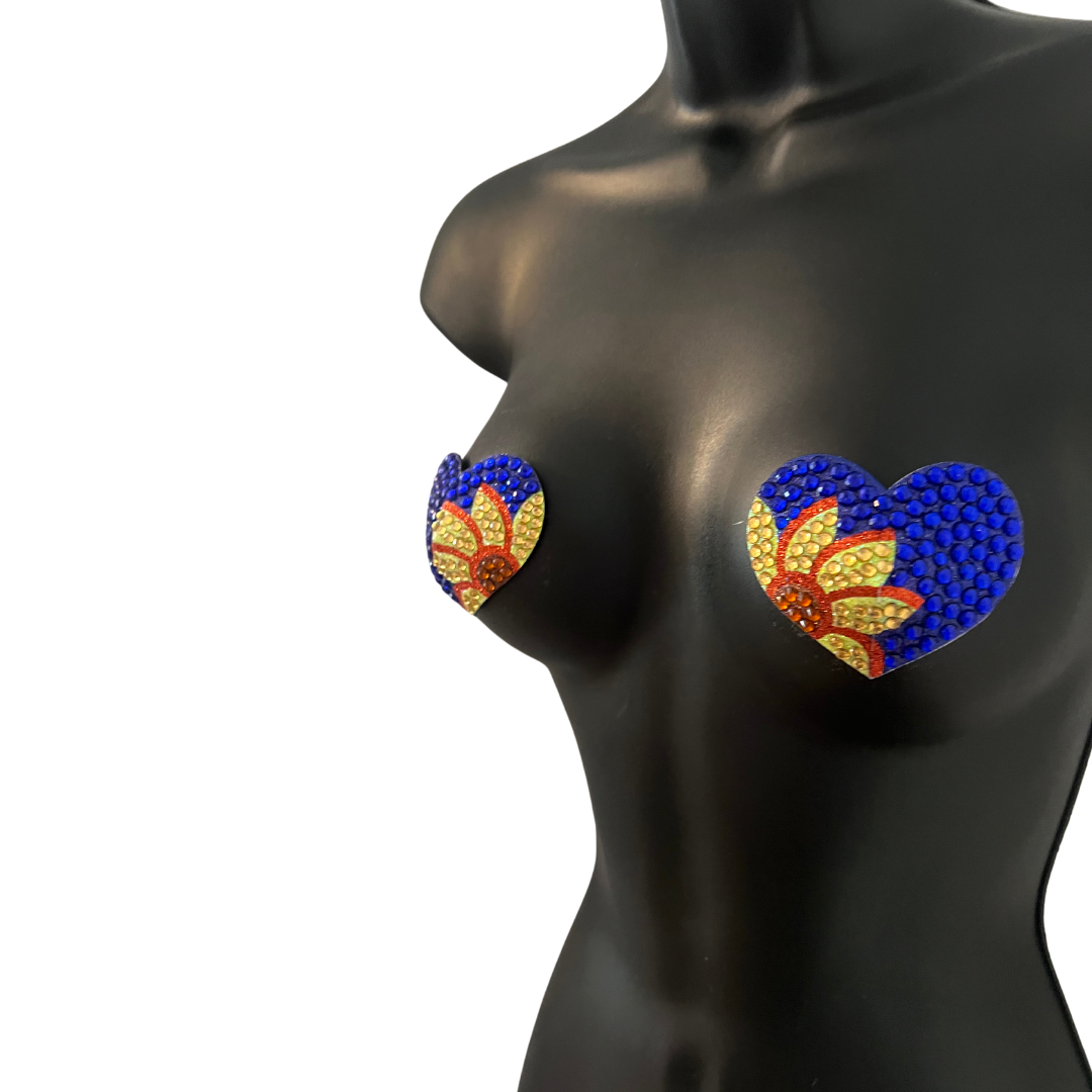 FLORAL FATALE Blue and Yellow Sunflower design on Heart Shape Nipple Pasties, Pasty (2pcs) for Burlesque Lingerie Raves Festivals Carnival