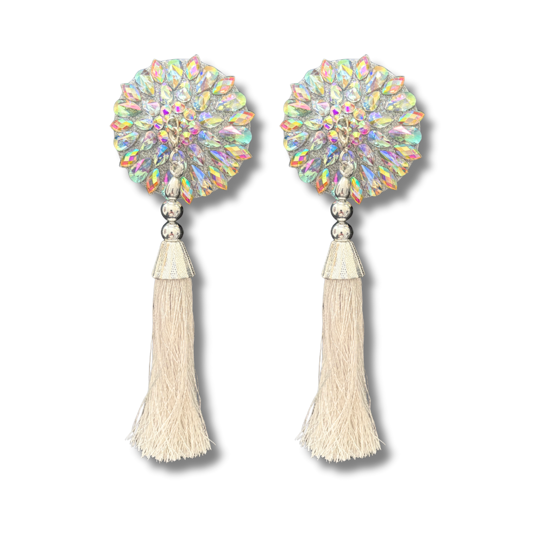GLAM D'ÉTOILE Pasties – Dirty Martini x Appeeling Clear, Silver AB Gem Pasties (2pcs) With Tassels 2 sizes!