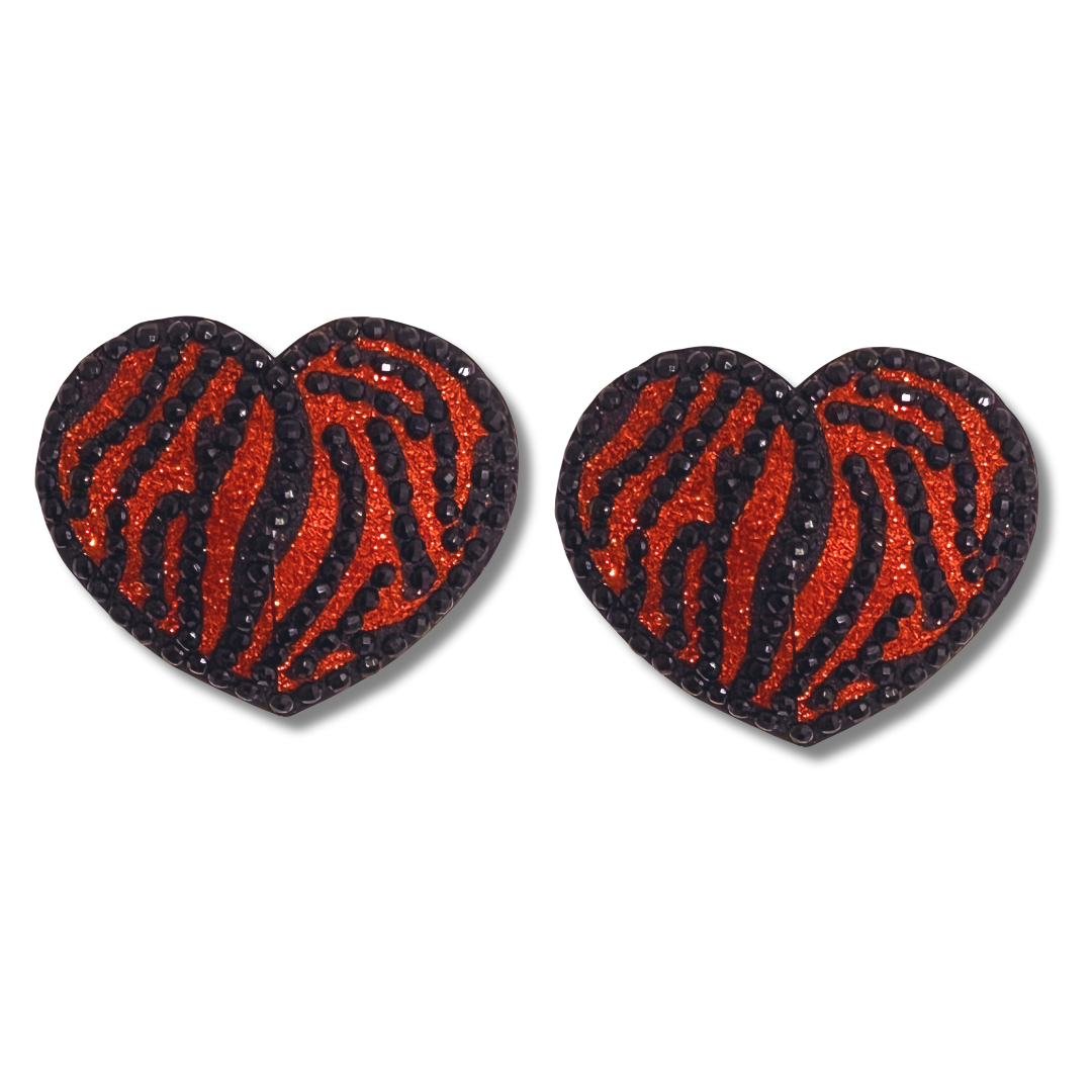 TIGER QUEEN Coeur Orange &amp; Noir, Cache-tétons Gem Imprimé Tigre, Pâteux (2pcs)