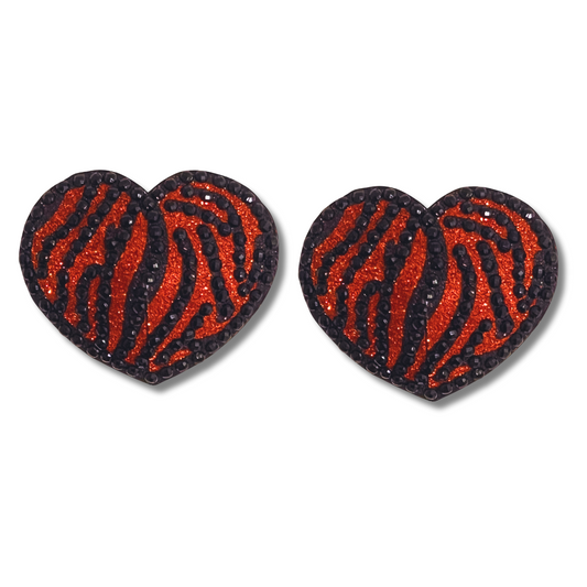 TIGER QUEEN Corazón naranja y negro, empanadas para pezones con gemas con estampado de tigre, pastosas (2 piezas)