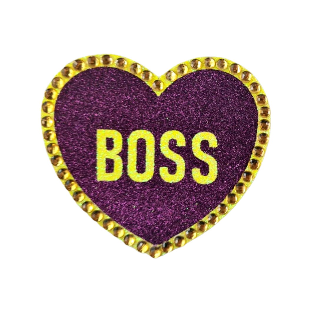 BOSS BABE - Glitter & Crystal Heart Shaped Nipple Pasties, Covers (2pcs) with Titles for Burlesque Raves Lingerie Carnival