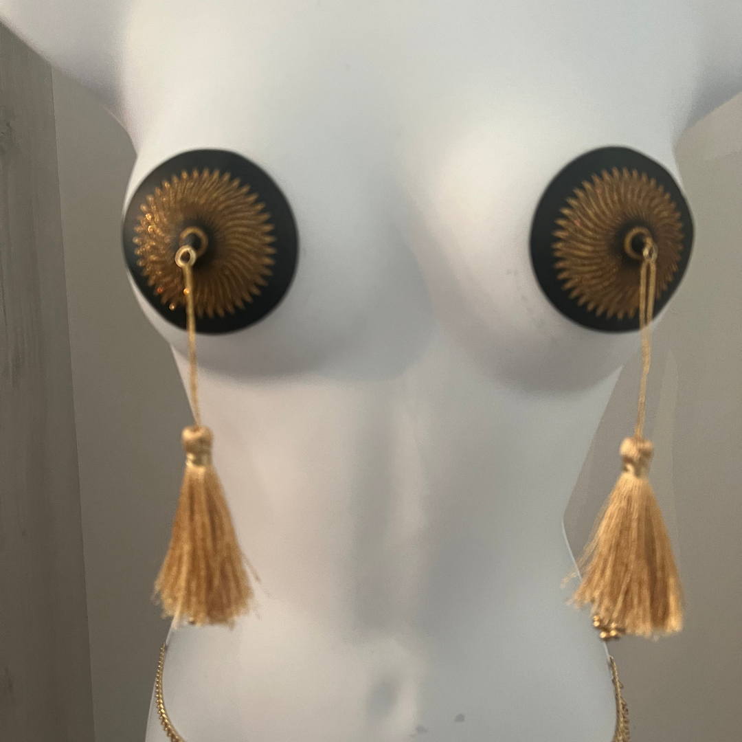 SUN GODDESS Glitter and Black Nipple Pasty, Cover (2pcs) with Gold Beaded Tassel Burlesque Lingerie Raves and Festivals