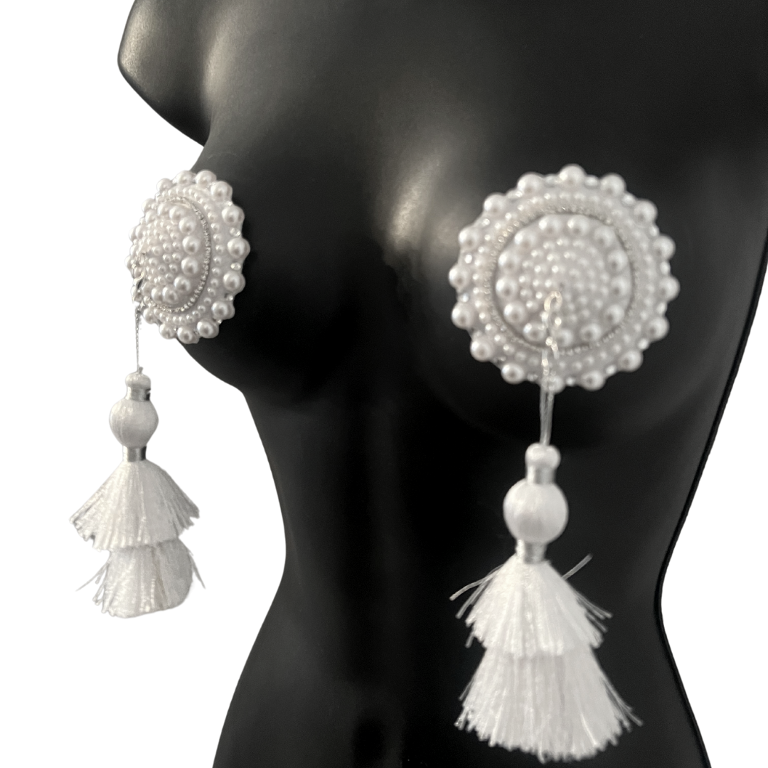 PEARL SHOWGIRL Pasta para pezones de perlas y diamantes de imitación, cubiertas (2 piezas) con borlas extraíbles para festivales de lencería, carnaval, raves burlescas
