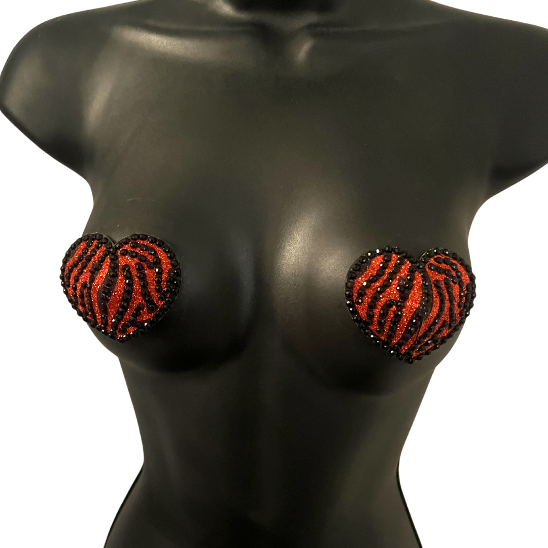 TIGER QUEEN Coeur Orange &amp; Noir, Cache-tétons Gem Imprimé Tigre, Pâteux (2pcs)