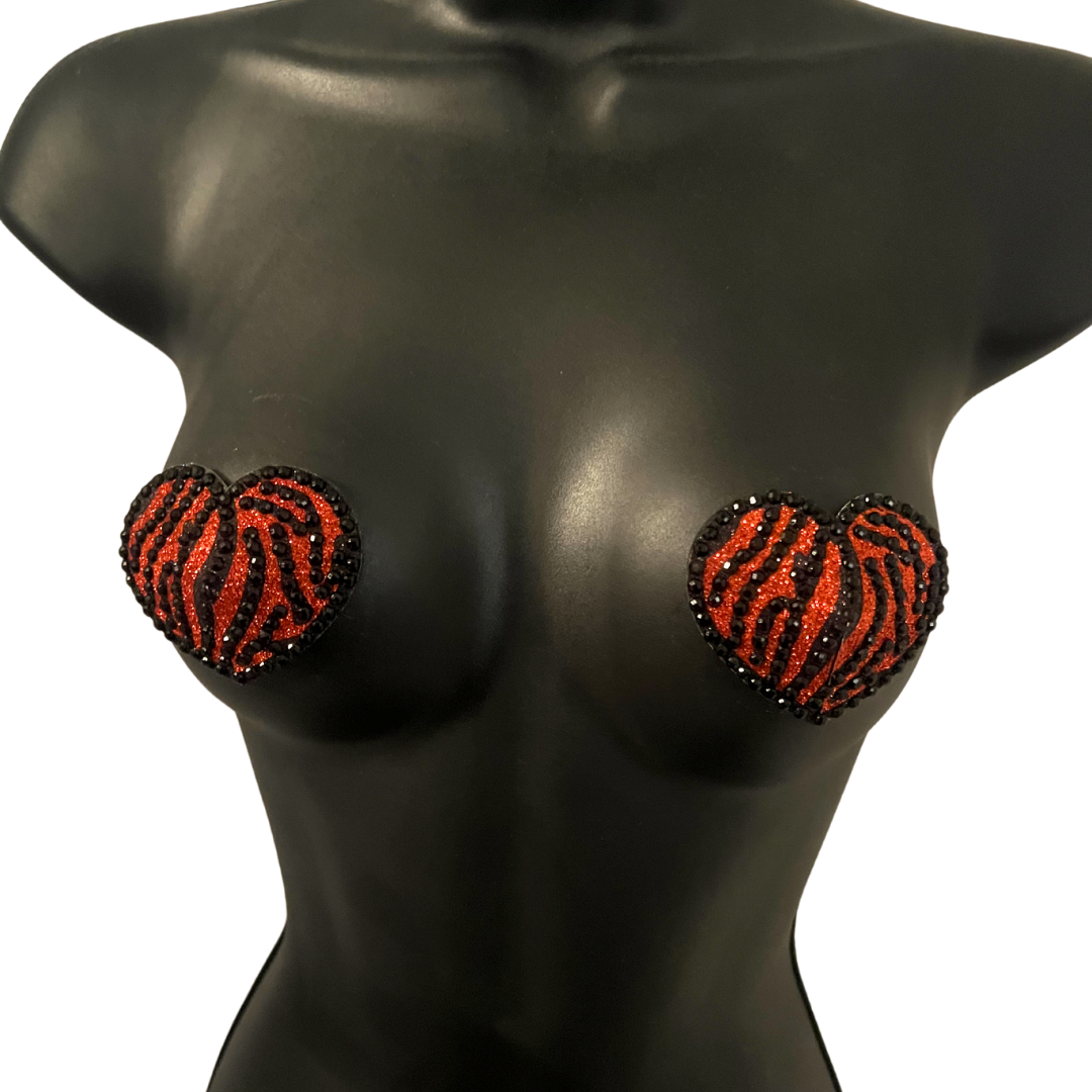 TIGER QUEEN Orange & Black Heart, Tiger Print Gem Nipple Pasties, Pasty (2pcs)