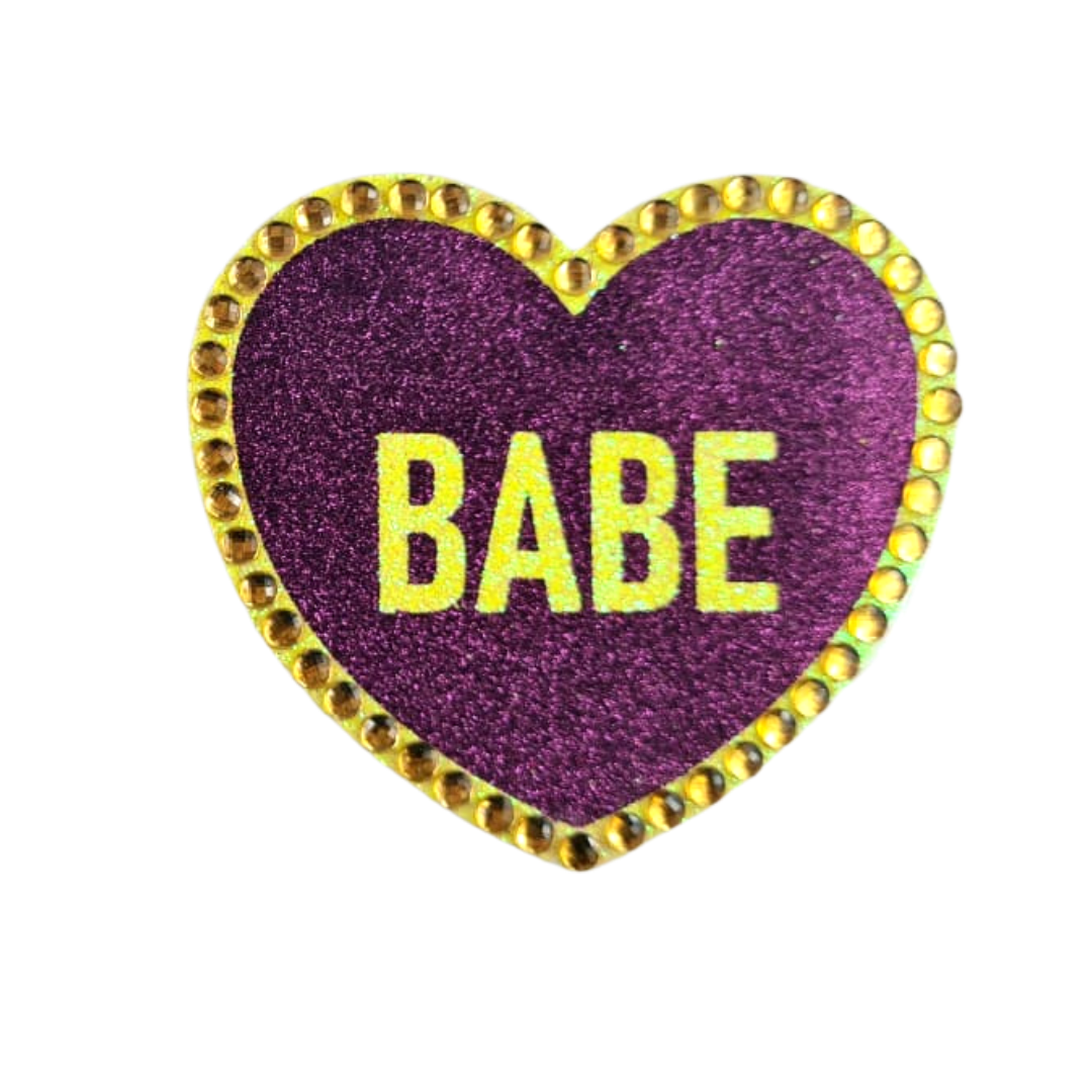 BOSS BABE - Glitter & Crystal Heart Shaped Nipple Pasties, Covers (2pcs) with Titles for Burlesque Raves Lingerie Carnival