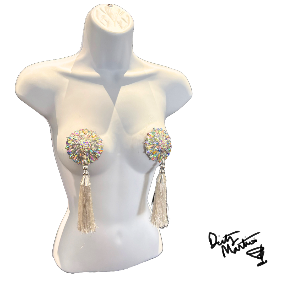 GLAM D'ÉTOILE Pasties – Dirty Martini x Appeeling Clear, Silver AB Gem Pasties (2pcs) With Tassels 2 sizes!