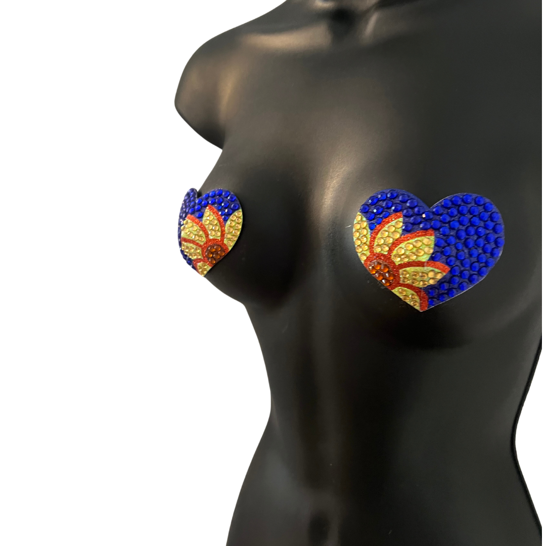 FLORAL FATALE Blue and Yellow Sunflower design on Heart Shape Nipple Pasties, Pasty (2pcs) for Burlesque Lingerie Raves Festivals Carnival
