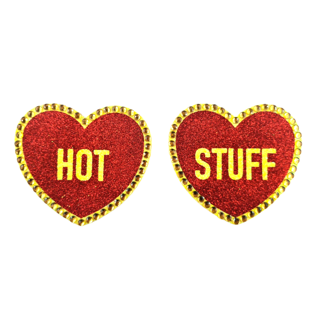 LABELS Glitter & Crystal Heart Shaped Nipple Pasties, Covers (2pcs) with Titles for Burlesque Raves Lingerie Carnival