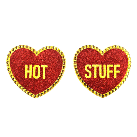 HOT STUFF - Cache-tétons en forme de cœur à paillettes et en cristal, cache-tétons (2 pièces) avec titres pour le carnaval de lingerie Burlesque Raves