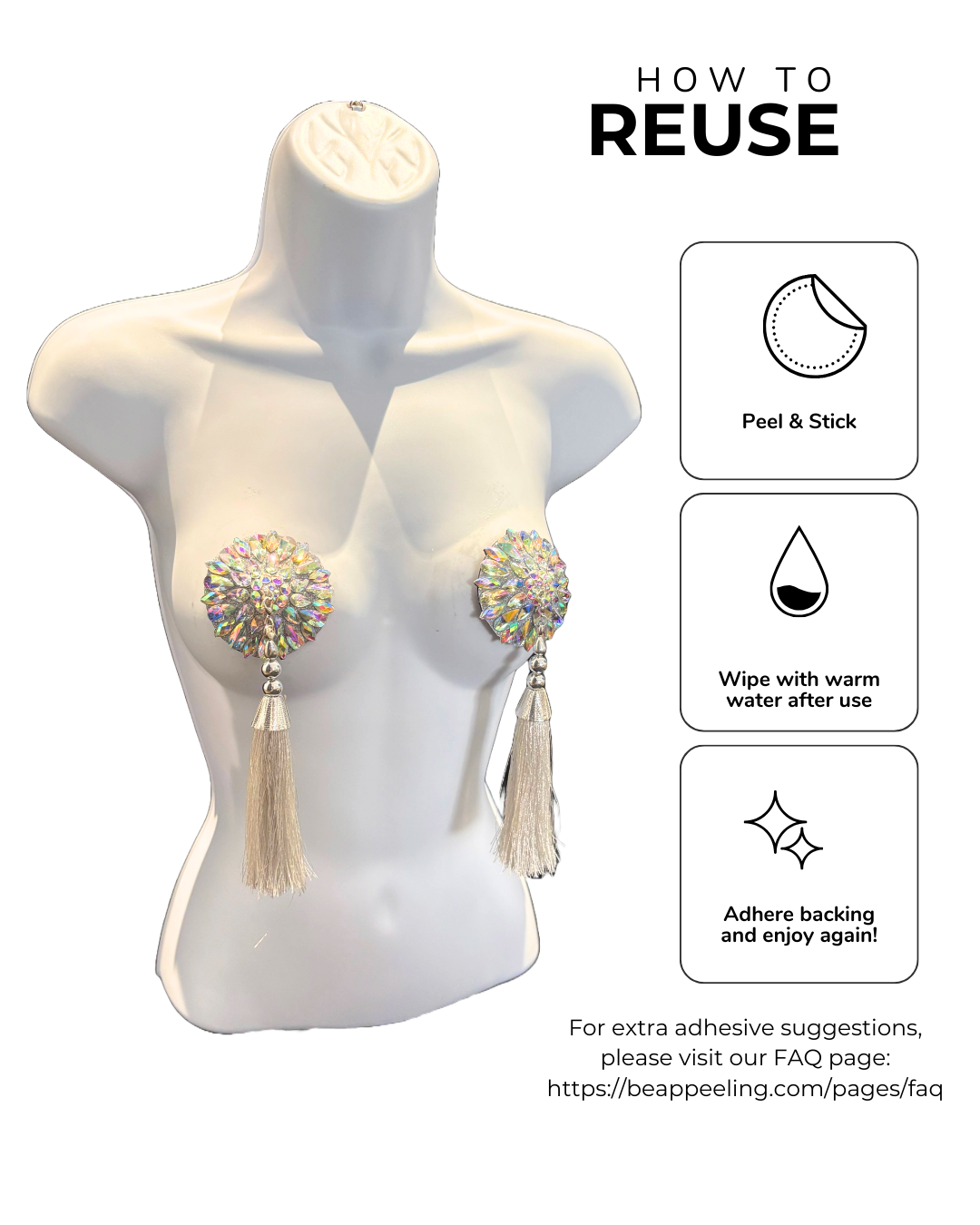 GLAM D'ÉTOILE Pasties – Dirty Martini x Appeeling Clear, Silver AB Gem Pasties (2pcs) With Tassels 2 sizes!
