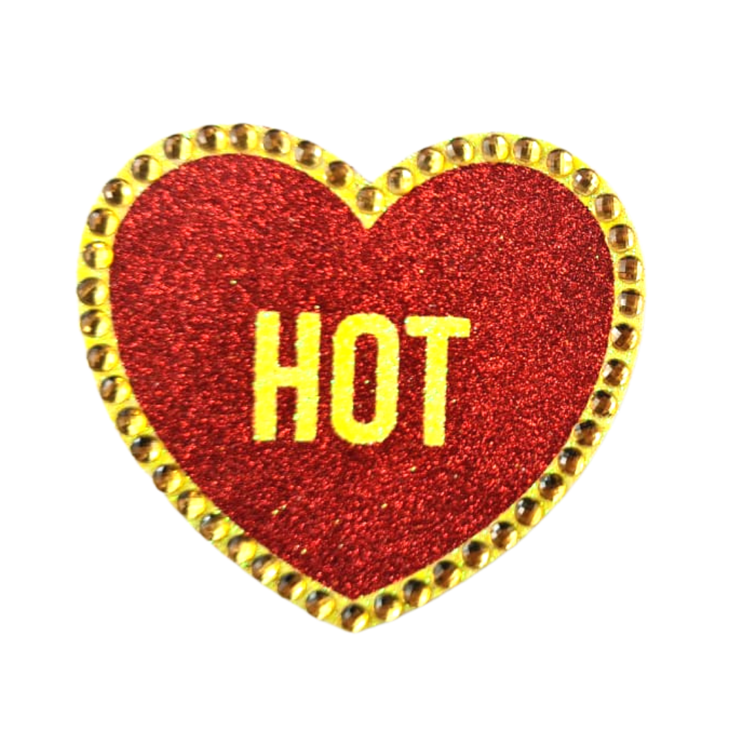 HOT STUFF - Cache-tétons en forme de cœur à paillettes et en cristal, cache-tétons (2 pièces) avec titres pour le carnaval de lingerie Burlesque Raves