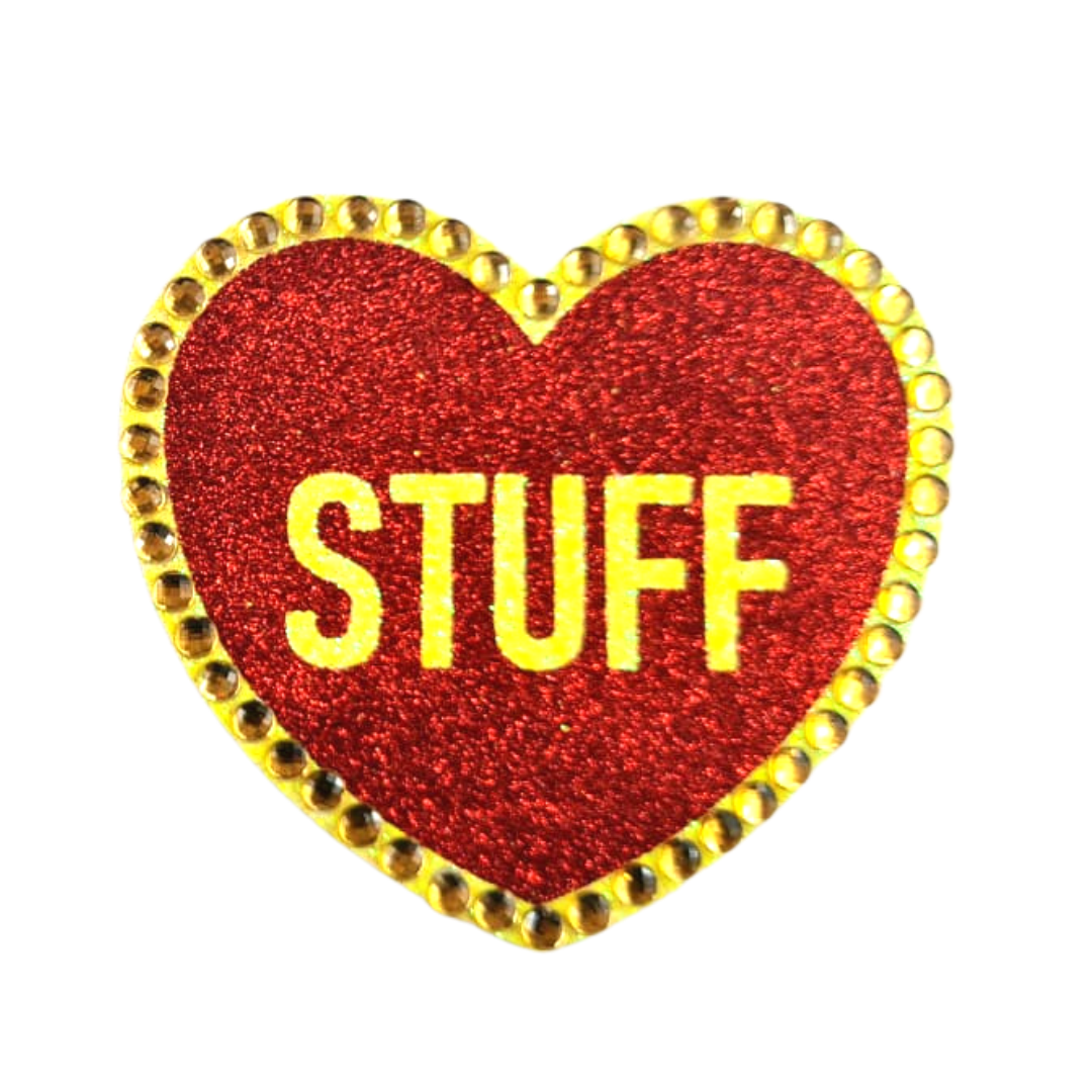 HOT STUFF - Pasties para pezones en forma de corazón con purpurina y cristal, fundas (2 unidades) con títulos para carnaval de lencería Burlesque Raves
