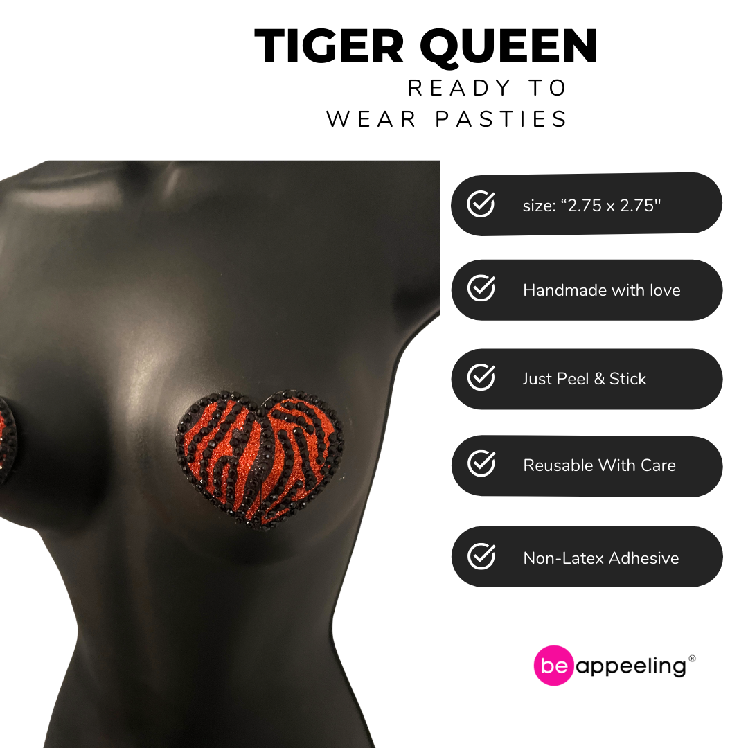 TIGER QUEEN Corazón naranja y negro, empanadas para pezones con gemas con estampado de tigre, pastosas (2 piezas)