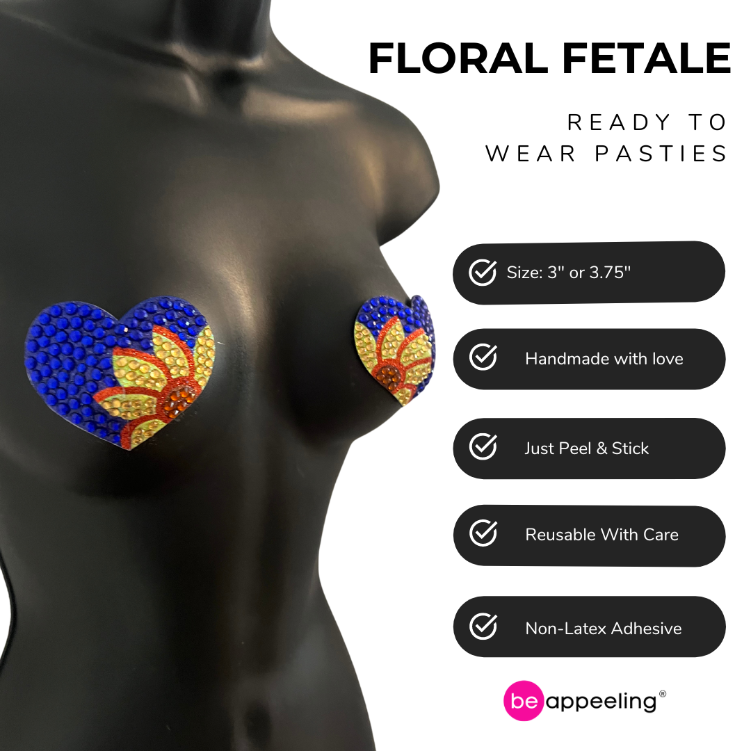 FLORAL FATALE Blue and Yellow Sunflower design on Heart Shape Nipple Pasties, Pasty (2pcs) for Burlesque Lingerie Raves Festivals Carnival