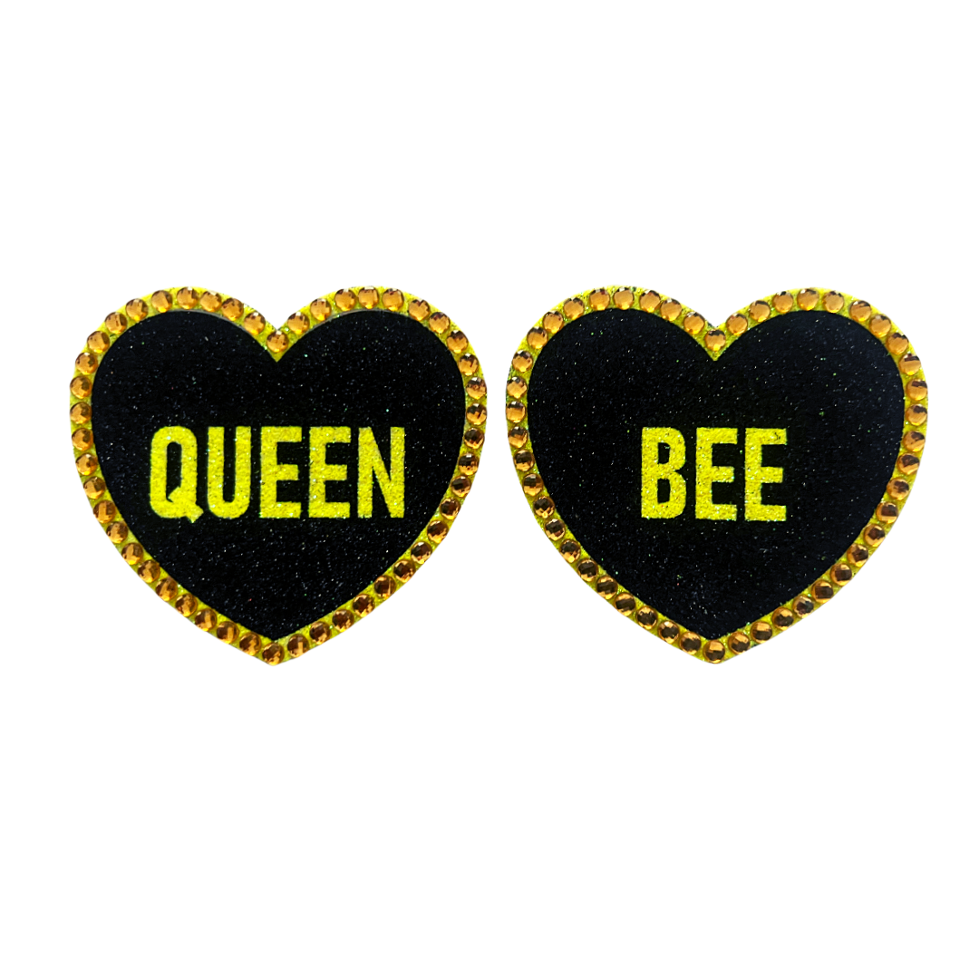 QUEEN BEE Pasties para pezones con forma de corazón con purpurina y cristal, pasty (2 unidades) para carnaval de lencería Burlesque Raves