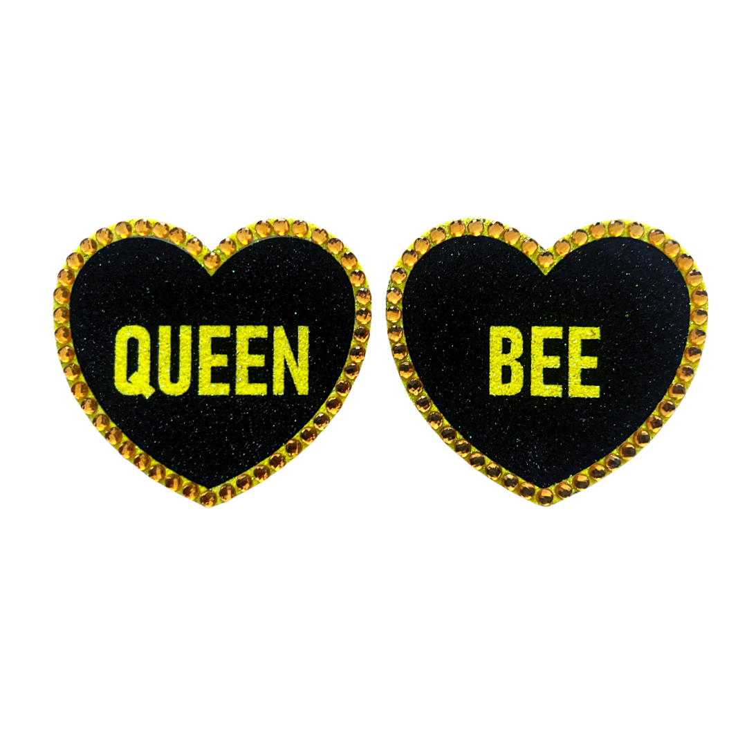 QUEEN BEE Glitter & Crystal Heart Shaped Nipple Pasties, Pasty (2pcs) for Burlesque Raves Lingerie Carnival