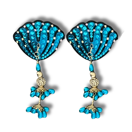 URSULA UNDRESS Turquoise and Black, Reusable Gem Nipple Pasties, Pasty (2pcs) with Tassels