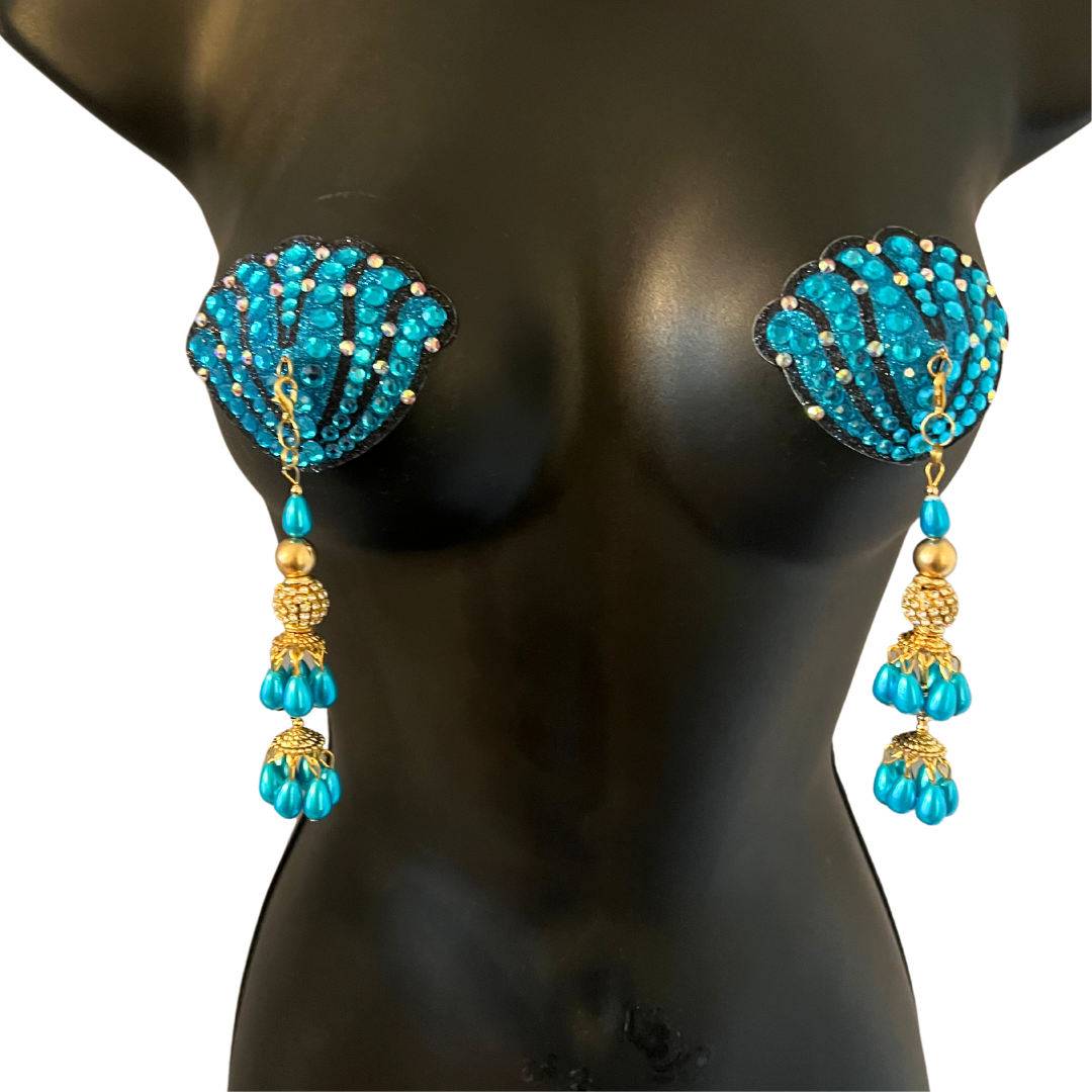 URSULA UNDRESS Turquoise and Black, Reusable Gem Nipple Pasties, Pasty (2pcs) with Tassels
