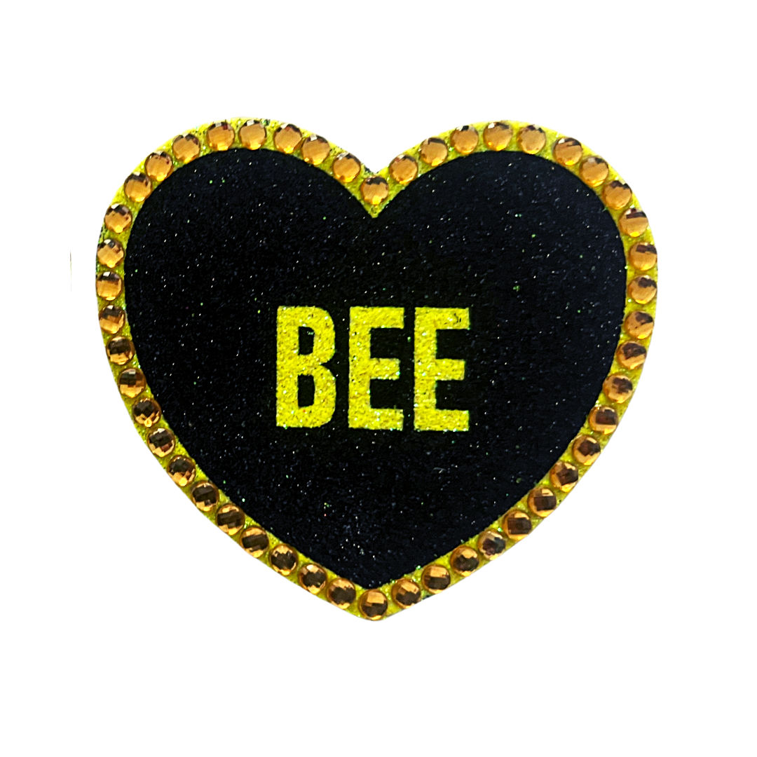 QUEEN BEE - Glitter & Crystal Heart Shaped Nipple Pasties, Covers (2pcs) with Titles for Burlesque Raves Lingerie Carnival