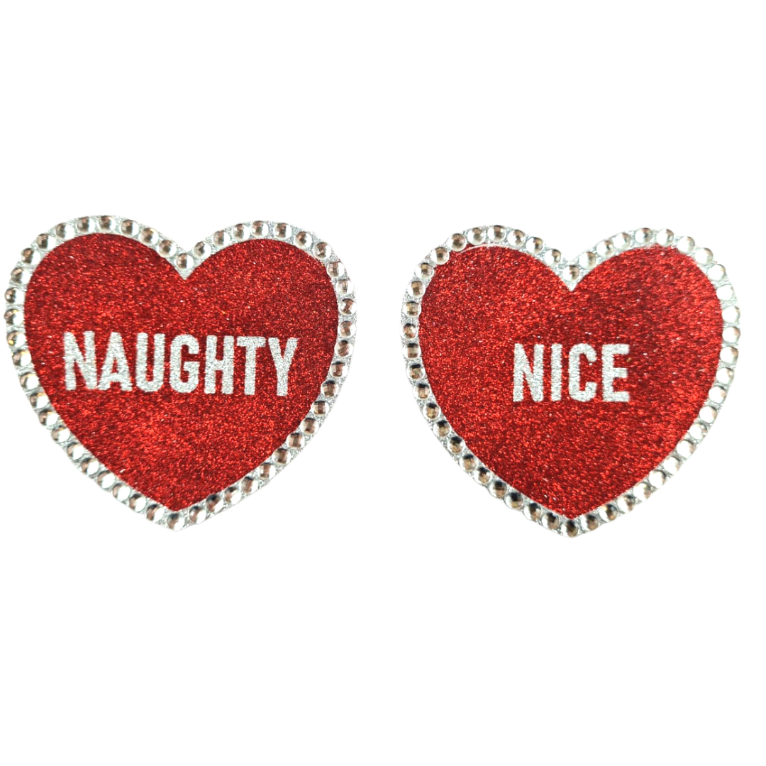 Naughty and Nice – Glitter & Crystal Heart Shaped Nipple Pasties, Covers (2pcs) with Titles for Burlesque Raves Lingerie Carnival