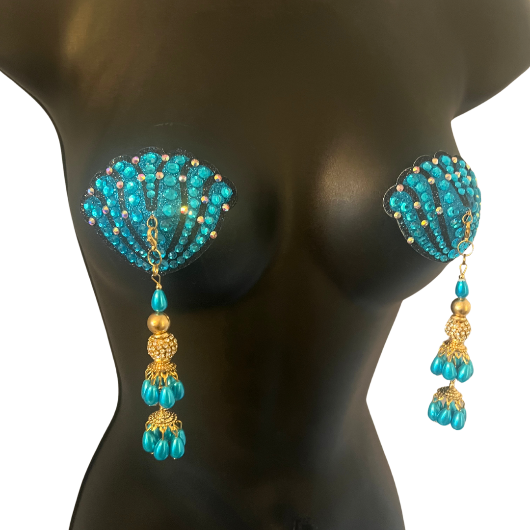 URSULA UNDRESS Turquoise et Noir, Cache-tétons réutilisables, Pâteux (2pcs) avec pompons