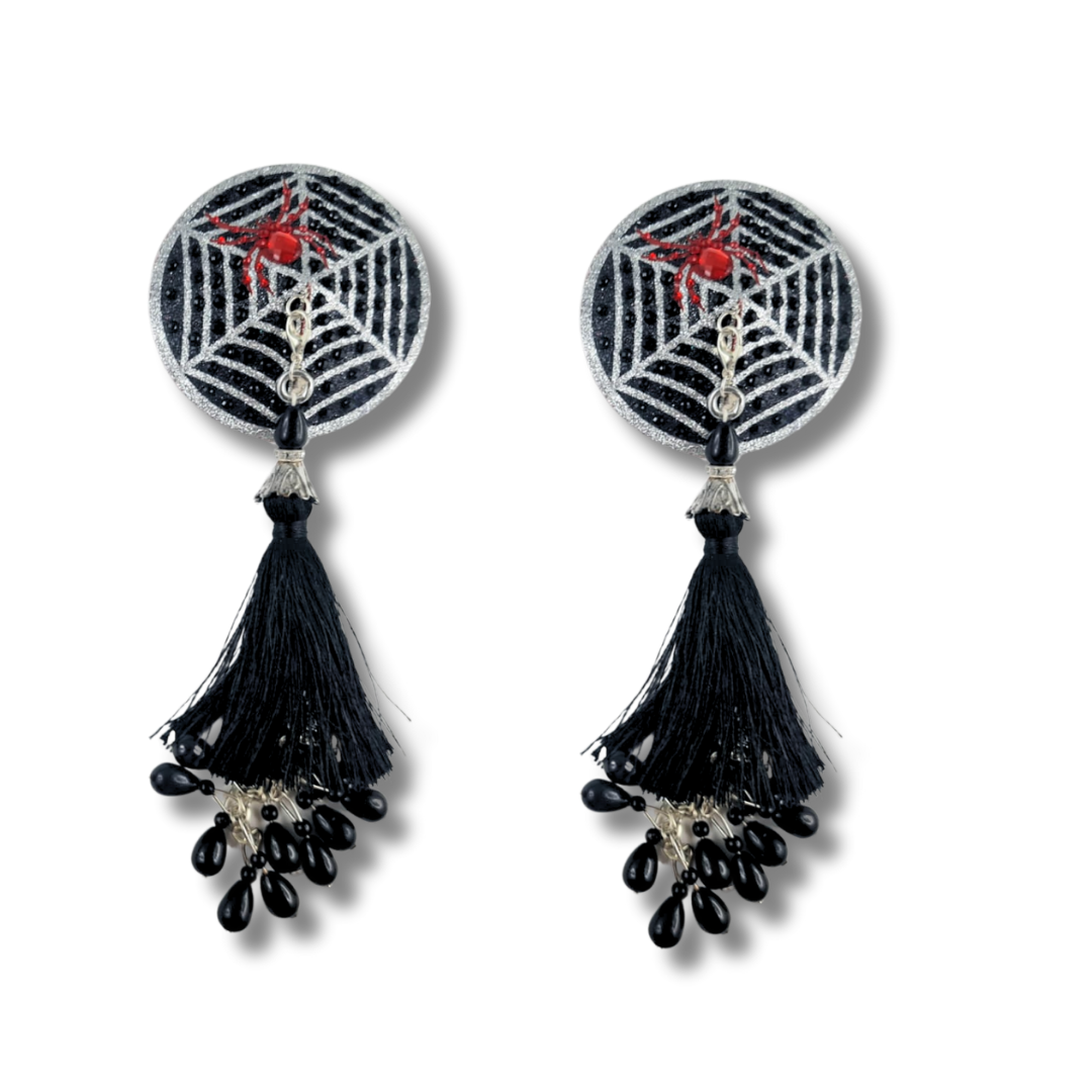 VENOM VIXEN Black and Silver Web with Red Crystal Spider Nipple Pasty, Nipple Cover (2pcs) with either black or red Beaded Tassels